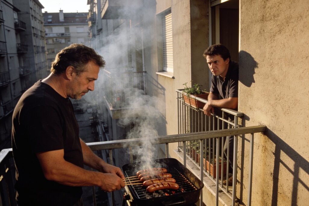 Homme faisant un barbecue sur son balcon sous le regard agace d'un voisin
