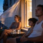 Famille profitant de la fraicheur du soir sur un balcon parisien apres une journee de canicule