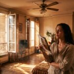 Appartement en canicule, volets mi-clos et ventilateur de plafond