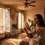 Appartement en canicule, volets mi-clos et ventilateur de plafond