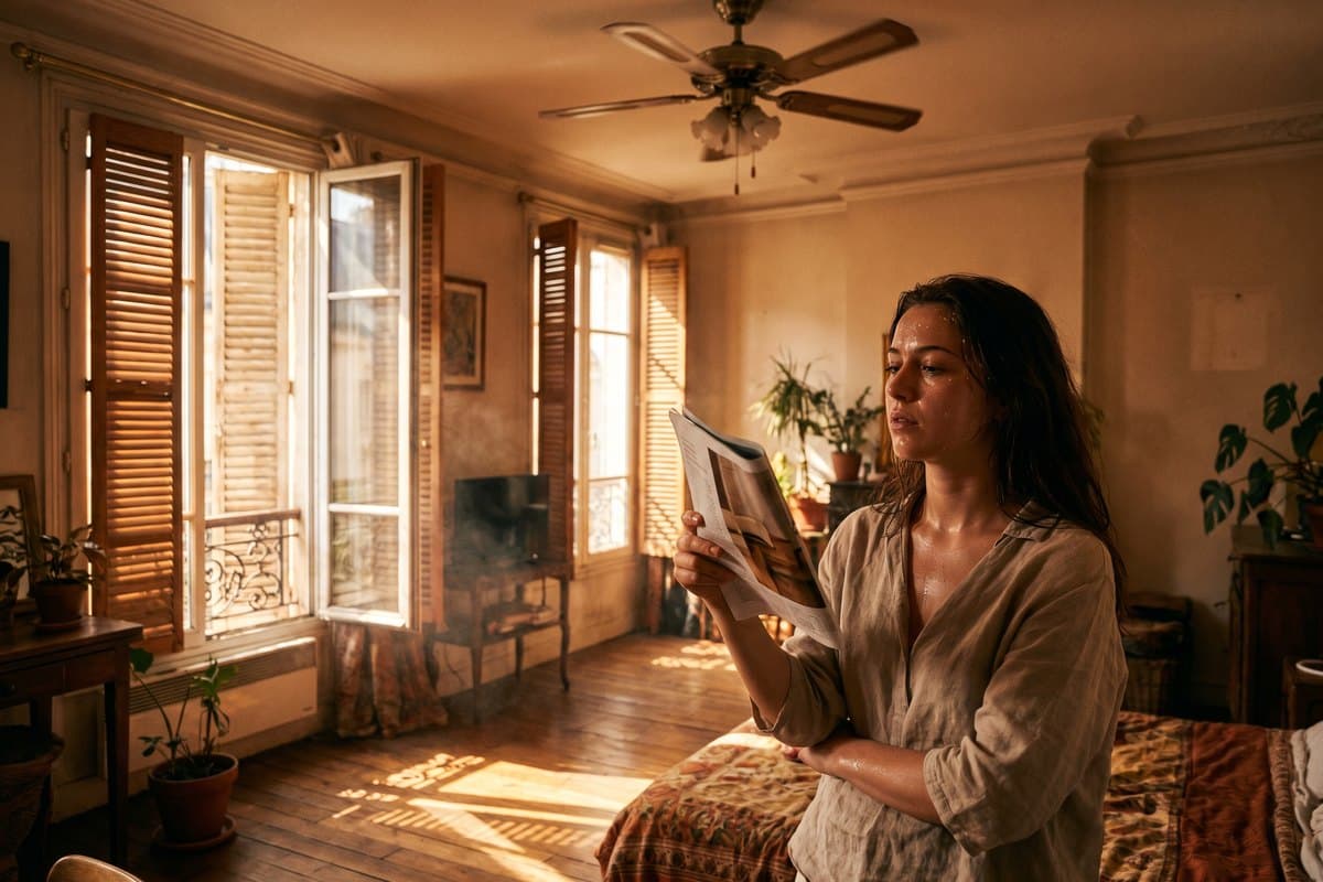 Appartement en canicule, volets mi-clos et ventilateur de plafond