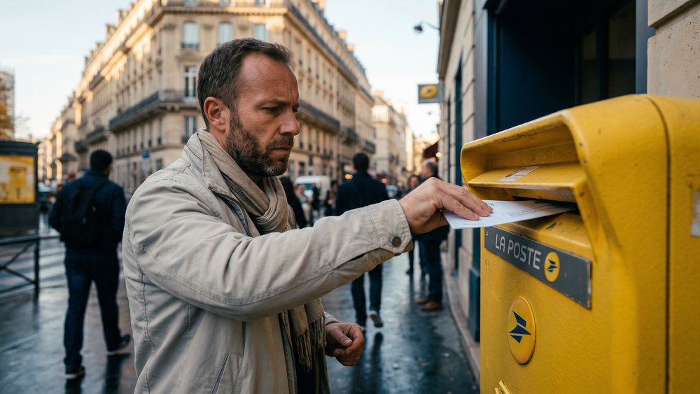 Homme déposant la lettre recommandée de substitution d'assurance emprunteur dans une boîte aux lettres
