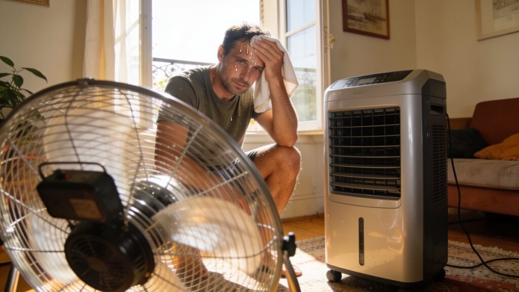 Homme en sueur entre un ventilateur et un climatiseur mobile dans un salon en pleine canicule