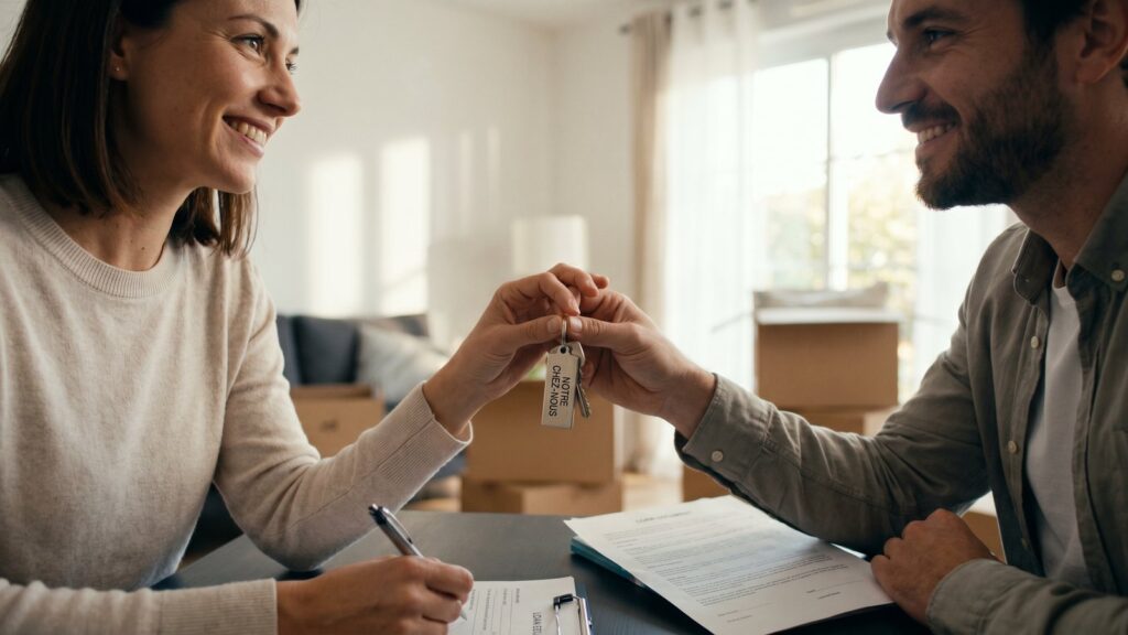 Couple heureux tenant les clés de leur logement acheté à deux en co-emprunteurs