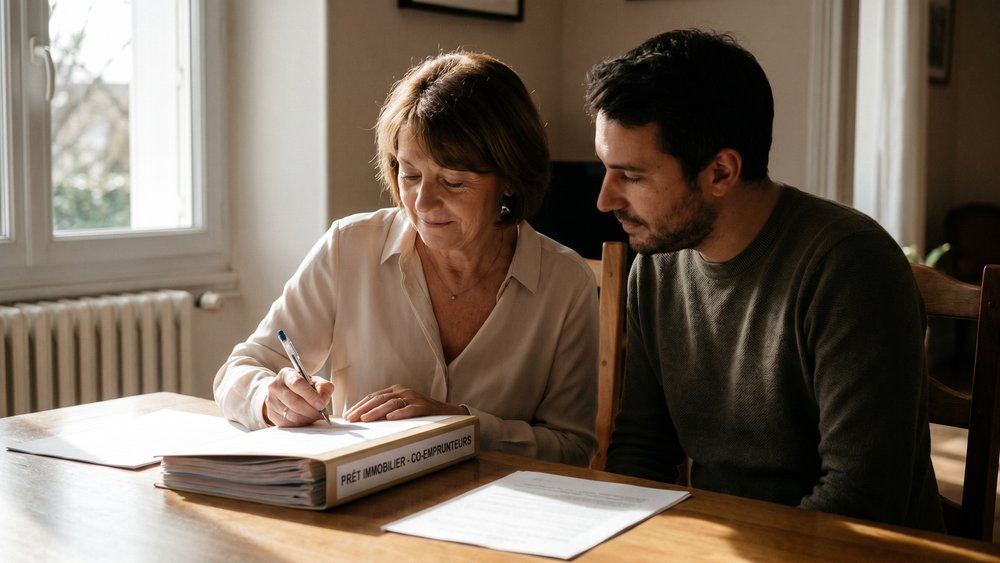 Mère et fils signant ensemble un prêt immobilier en tant que co-emprunteurs