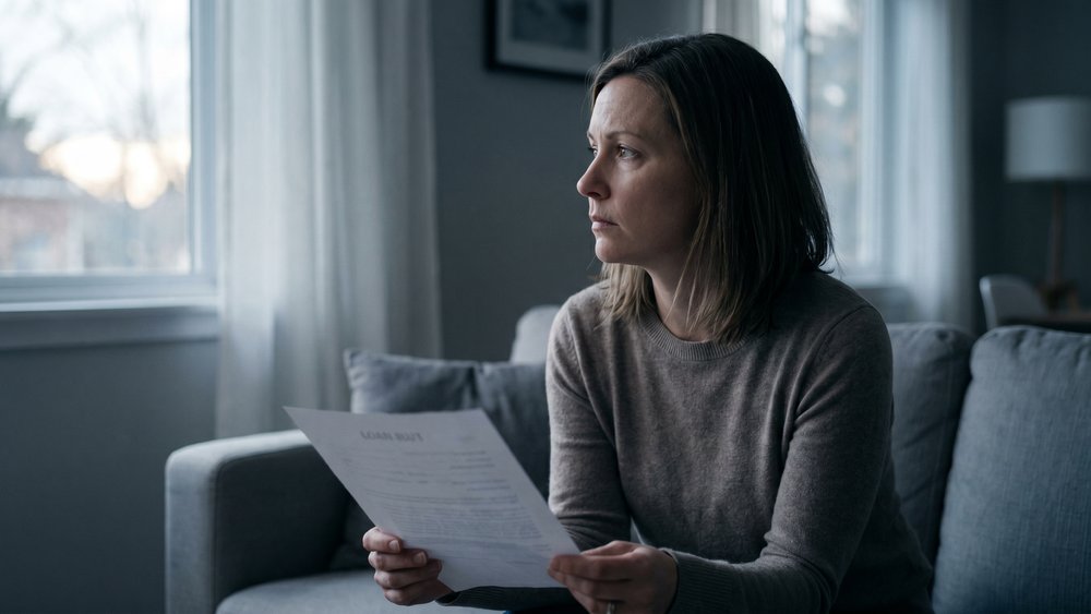 Femme pensive relisant son contrat de prêt après une séparation