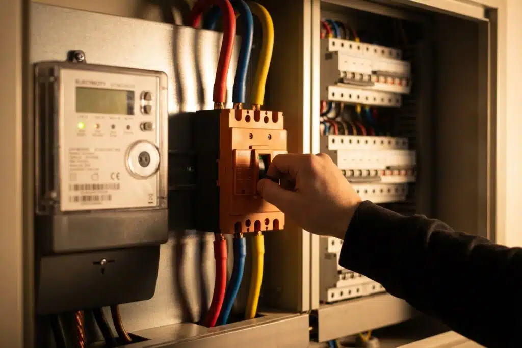 Compteur électrique et disjoncteur triphasé d'un logement, main sur l'interrupteur principal
