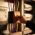 Compteur électrique et disjoncteur triphasé d'un logement, main sur l'interrupteur principal