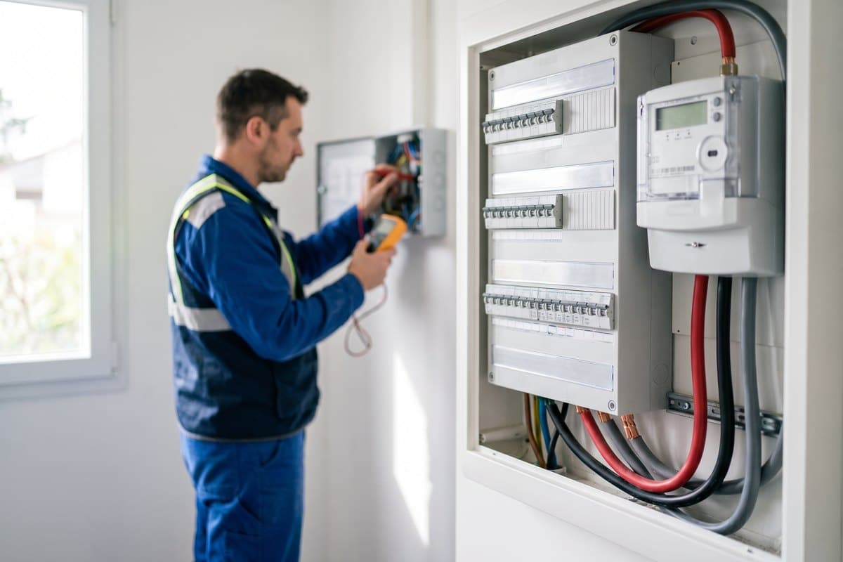Tableau électrique et compteur d'un logement raccordé en triphasé