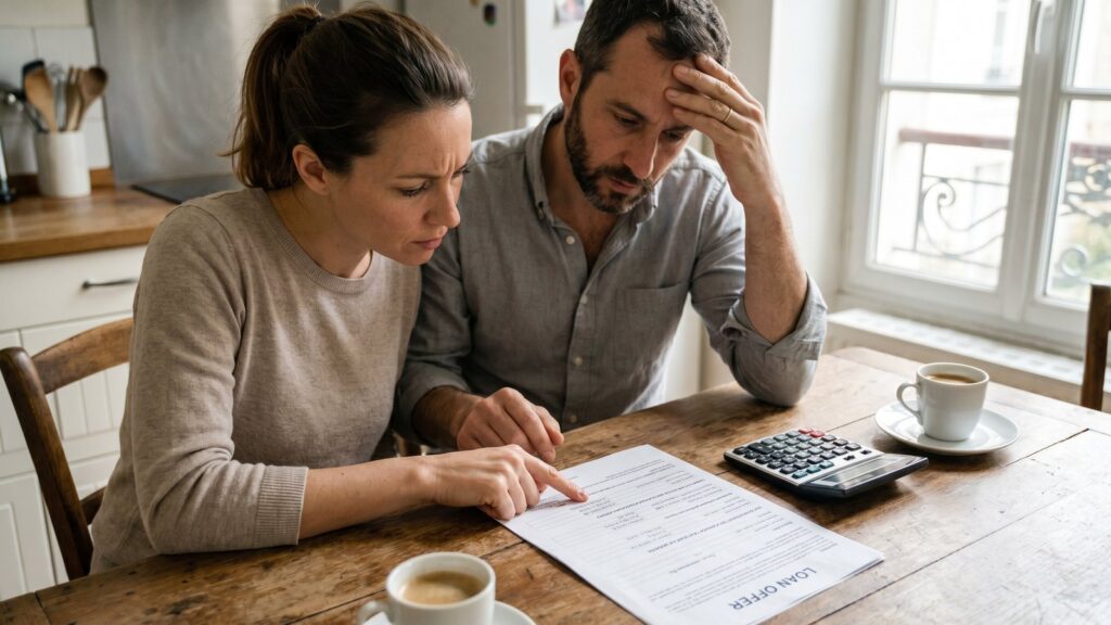 Couple inquiet découvrant le coût de l'assurance dans leur offre de prêt immobilier