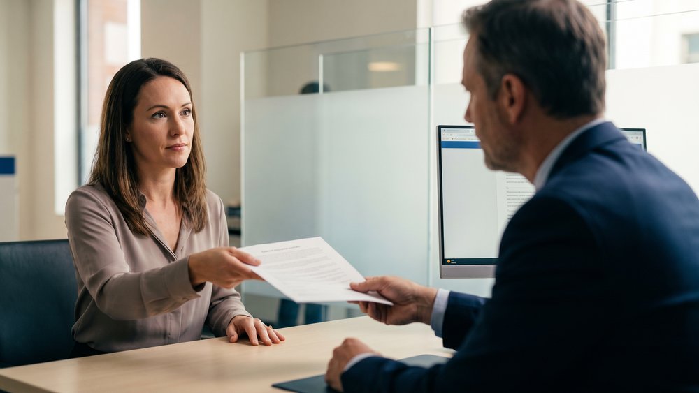 Cliente tendant son contrat d'assurance externe au conseiller bancaire