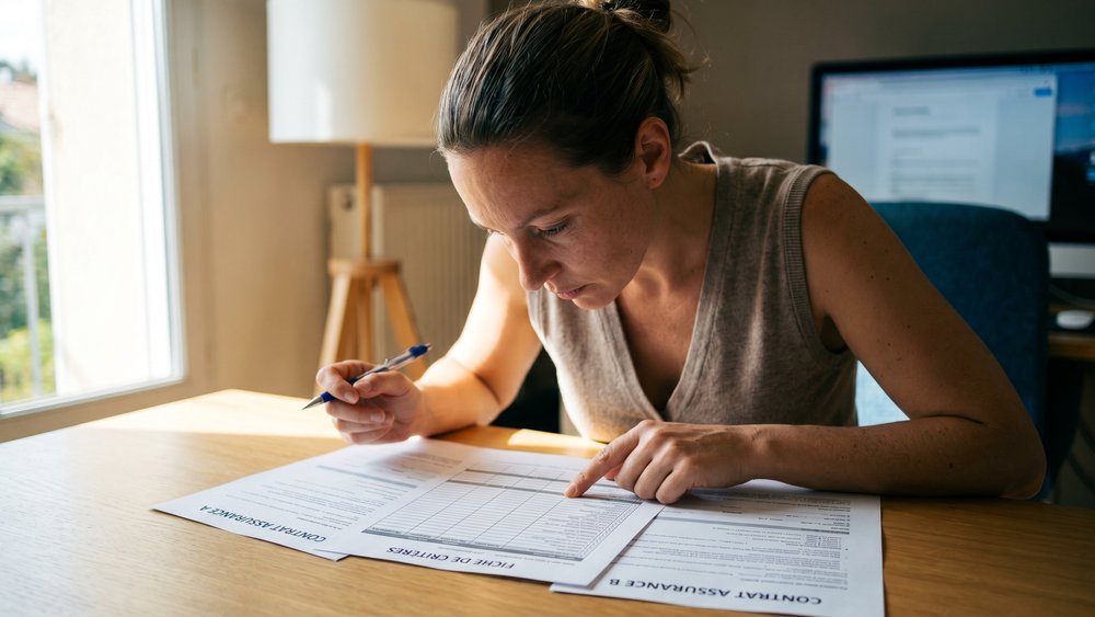 Femme comparant point par point deux contrats d'assurance emprunteur avec une fiche de critères