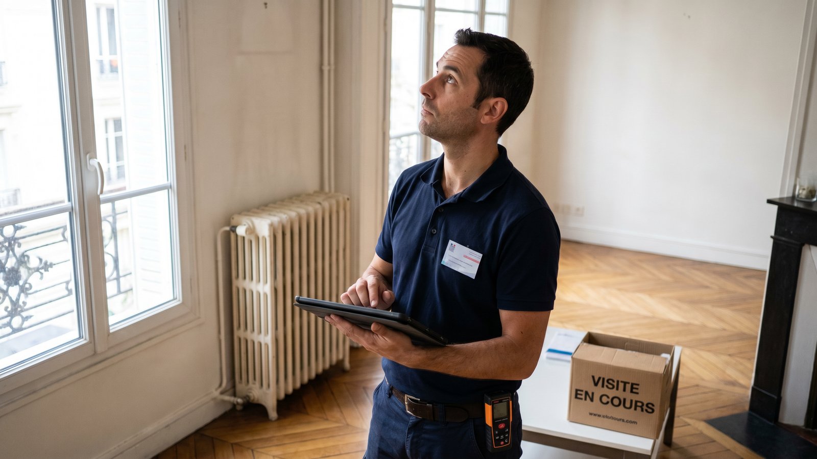 Diagnostiqueur certifié réalisant le DPE d'un logement avec une tablette