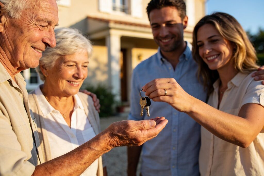 Parents ages remettant les cles de la maison familiale a leurs enfants adultes