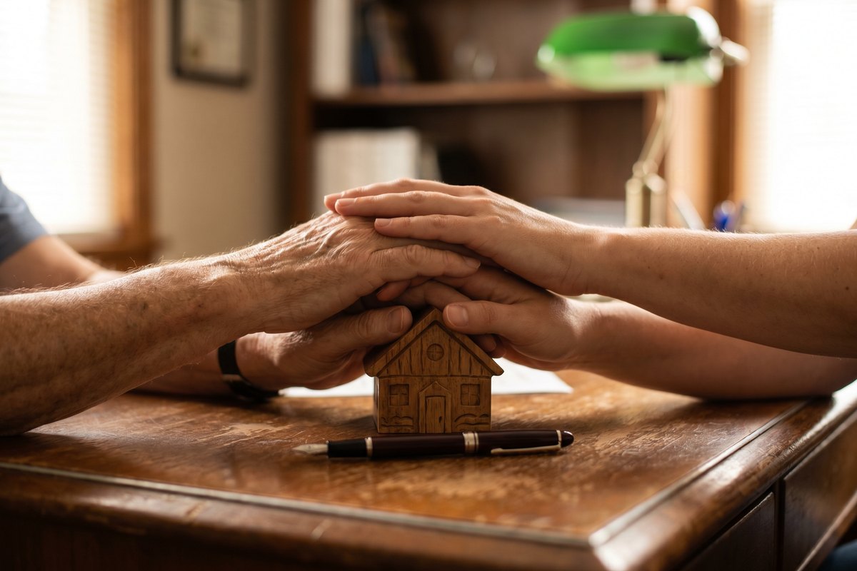 Mains de plusieurs générations sur une maquette de maison, donation-partage
