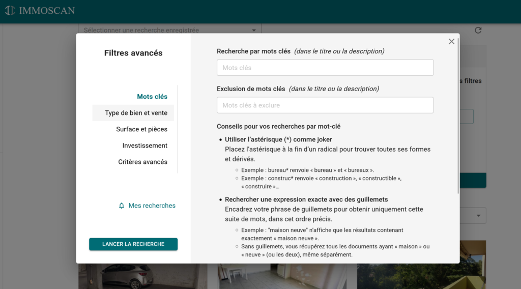 Panneau de filtres avancés d'ImmoScan pour affiner la recherche de biens immobiliers