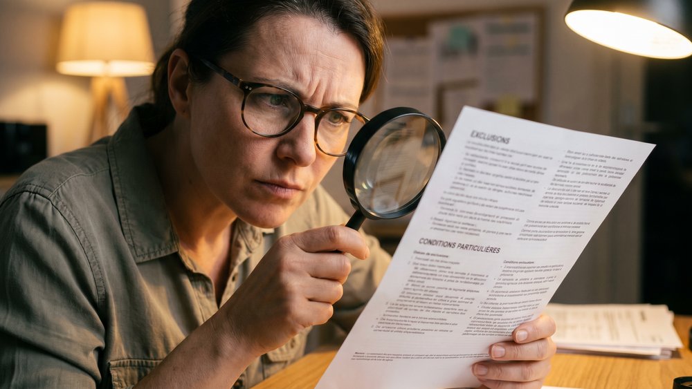 Femme lisant à la loupe les exclusions d'un contrat d'assurance emprunteur