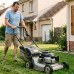 Homme tondant la pelouse de son jardin un matin d'été