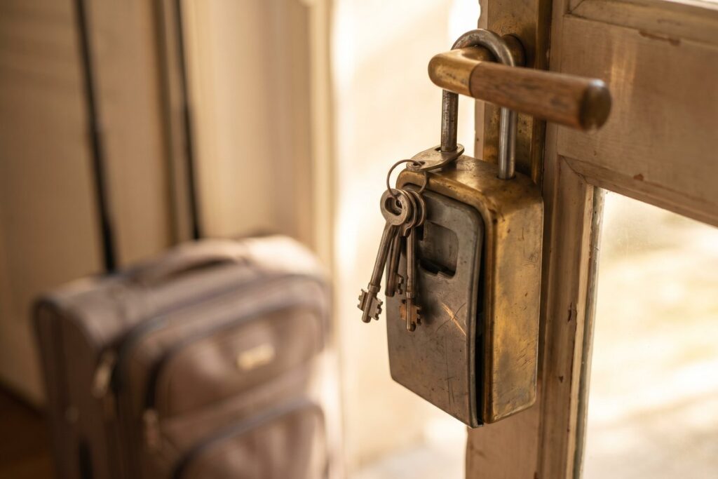 Boîte à clés et clés sur la porte d'une location de vacances