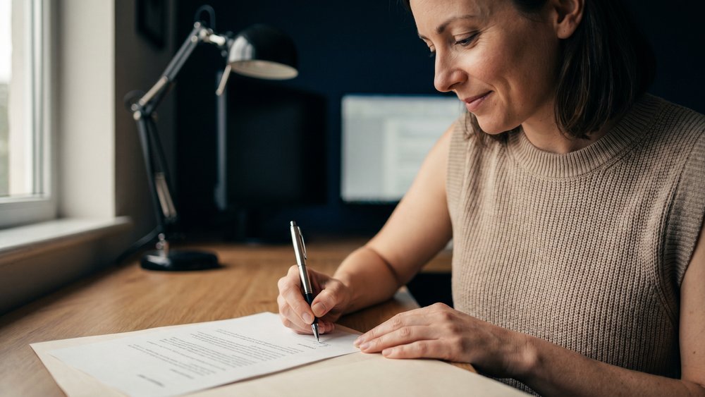 Femme signant tranquillement sa lettre de résiliation d'assurance grâce à la loi Lemoine