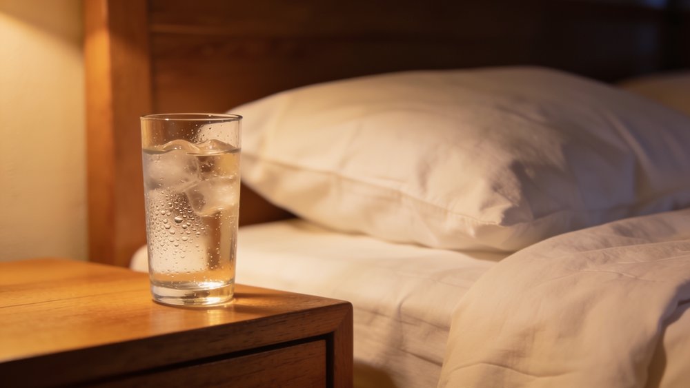 Verre d'eau glacee sur la table de nuit pres d'un lit aux draps de coton clairs