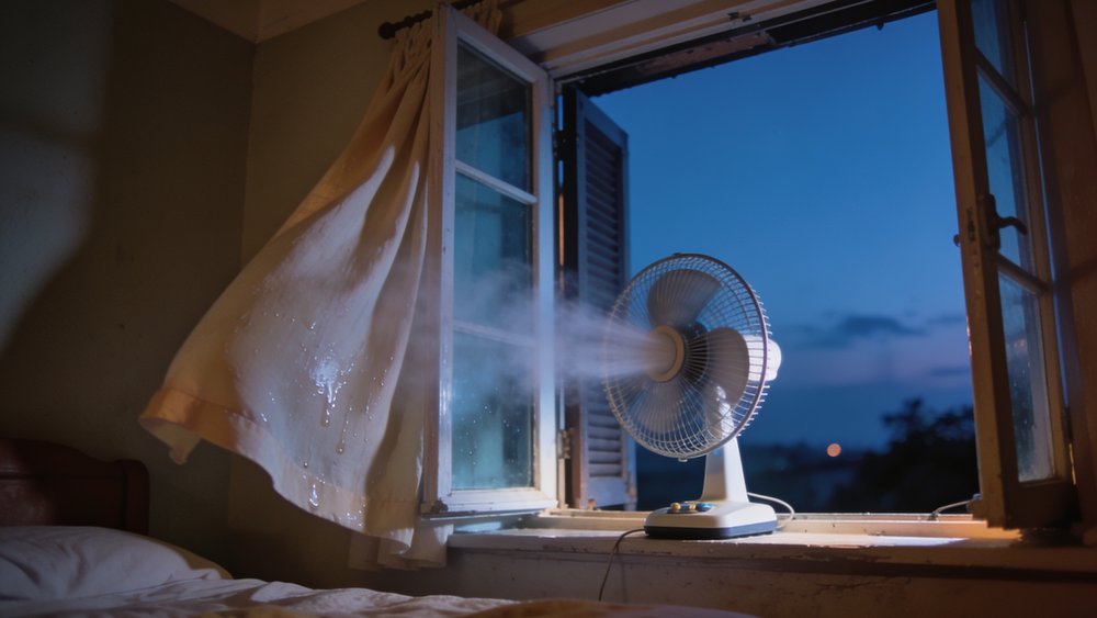 Ventilateur sur le rebord de la fenetre et linge humide pour rafraichir la chambre le soir