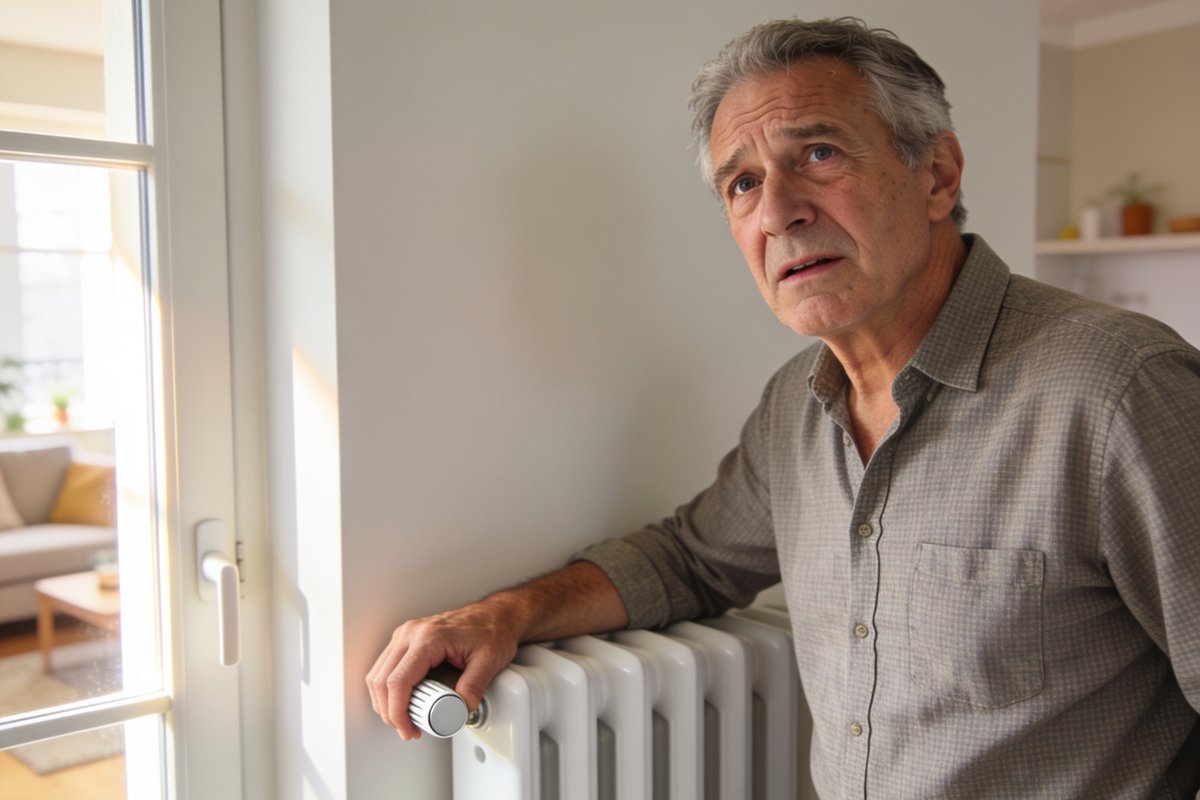 Proprietaire dans un salon lumineux, la main sur un radiateur moderne, expression preoccupee