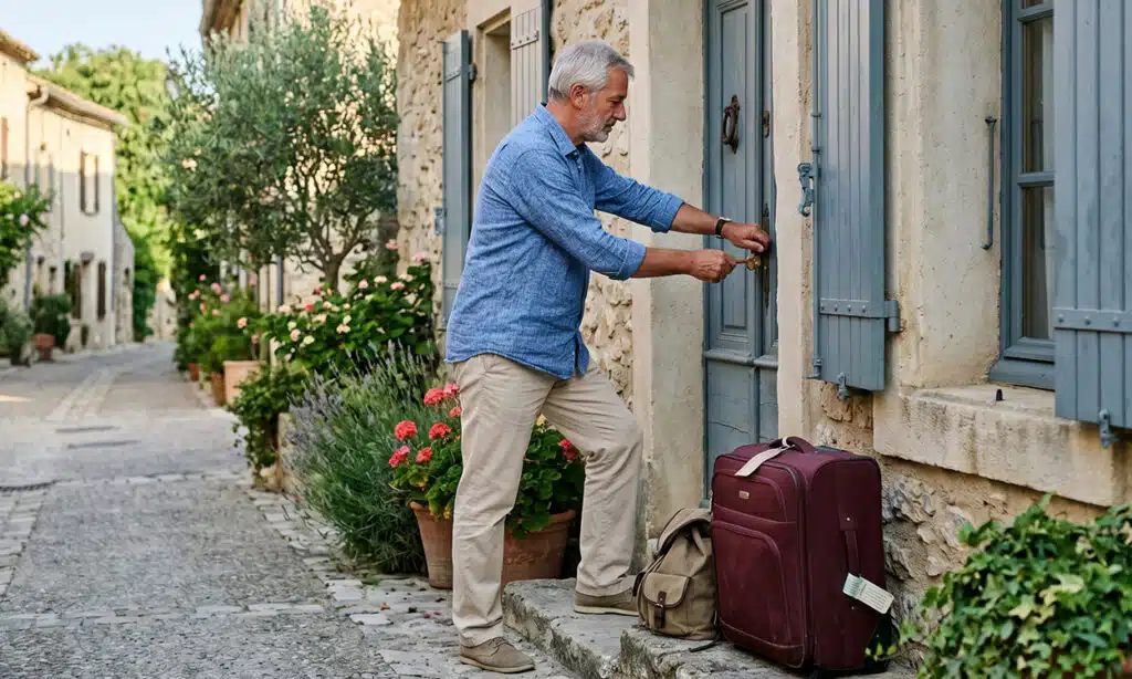 Propriétaire fermant la porte de sa maison avant de partir en vacances