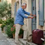 Propriétaire fermant la porte de sa maison avant de partir en vacances