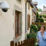 Propriétaire inquiet observant une caméra de vidéosurveillance sur la façade voisine