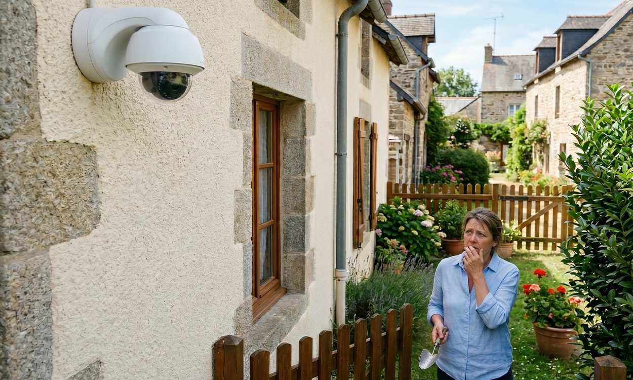 Propriétaire inquiet observant une caméra de vidéosurveillance sur la façade voisine