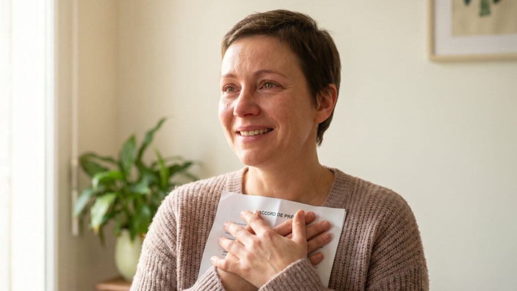 Ancienne malade souriant avec espoir en obtenant son prêt grâce au droit à l'oubli