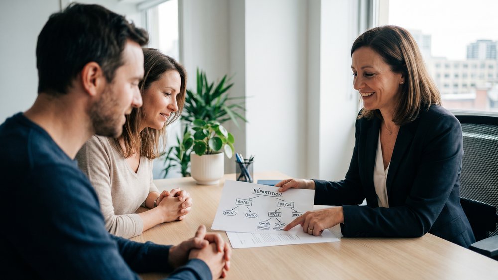Conseillère montrant à un couple les options de répartition de quotité d'assurance emprunteur
