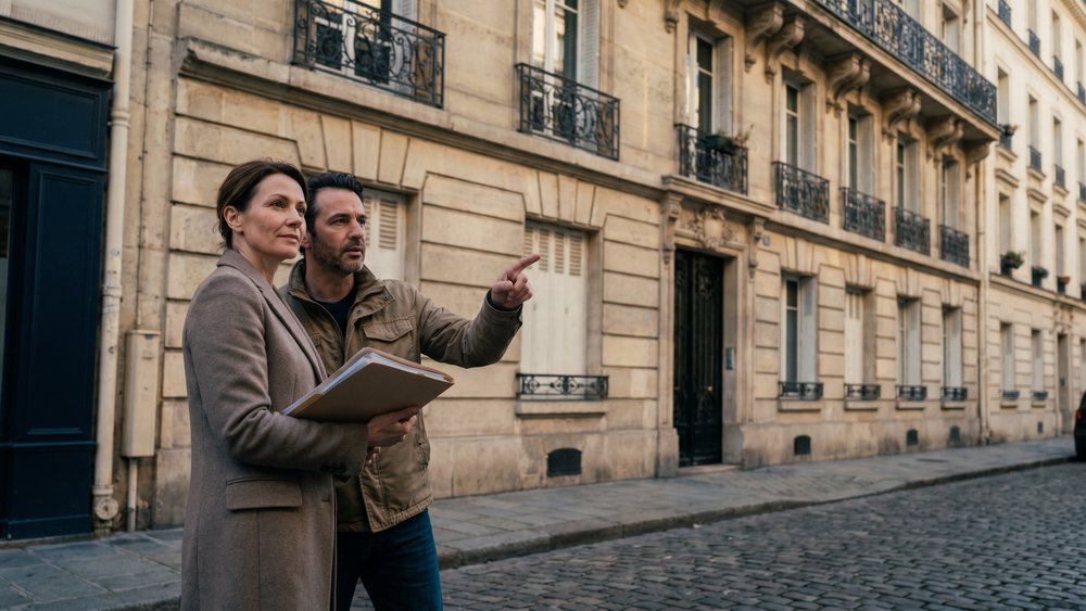 Couple d'investisseurs devant un immeuble locatif évaluant la quotité de leur assurance