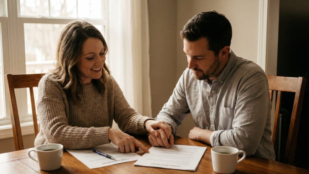 Couple décidant ensemble de la répartition de quotité de leur assurance emprunteur