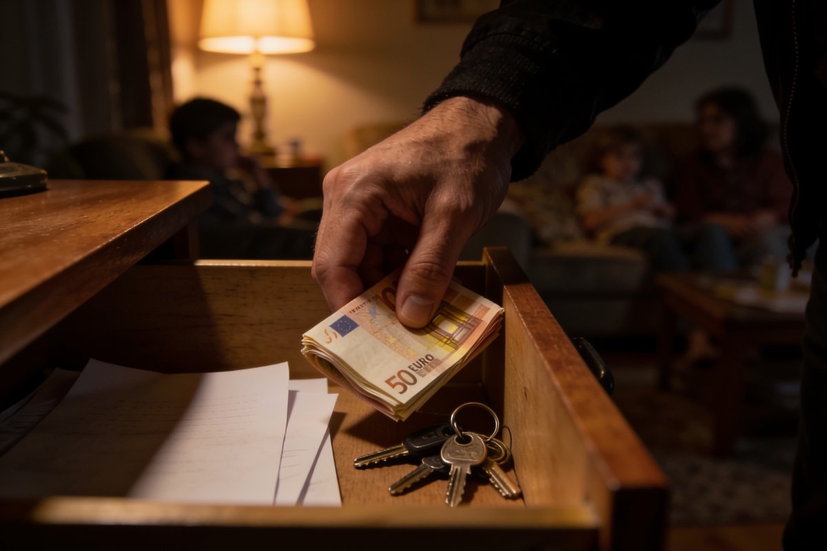 Main cachant une liasse de billets en euros et des cles dans un tiroir, famille en arriere-plan