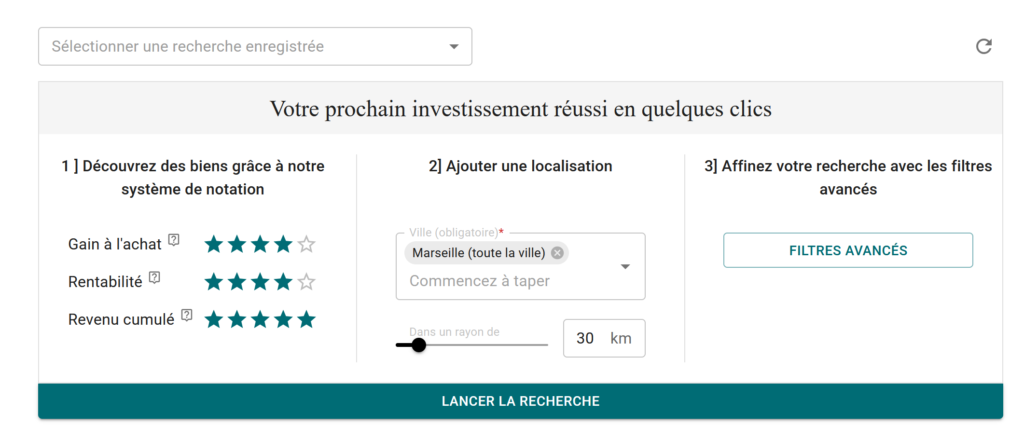 Écran de recherche ImmoScan avec le système de notation Gain à l'achat, Rentabilité et Revenu cumulé, et la sélection de la localisation