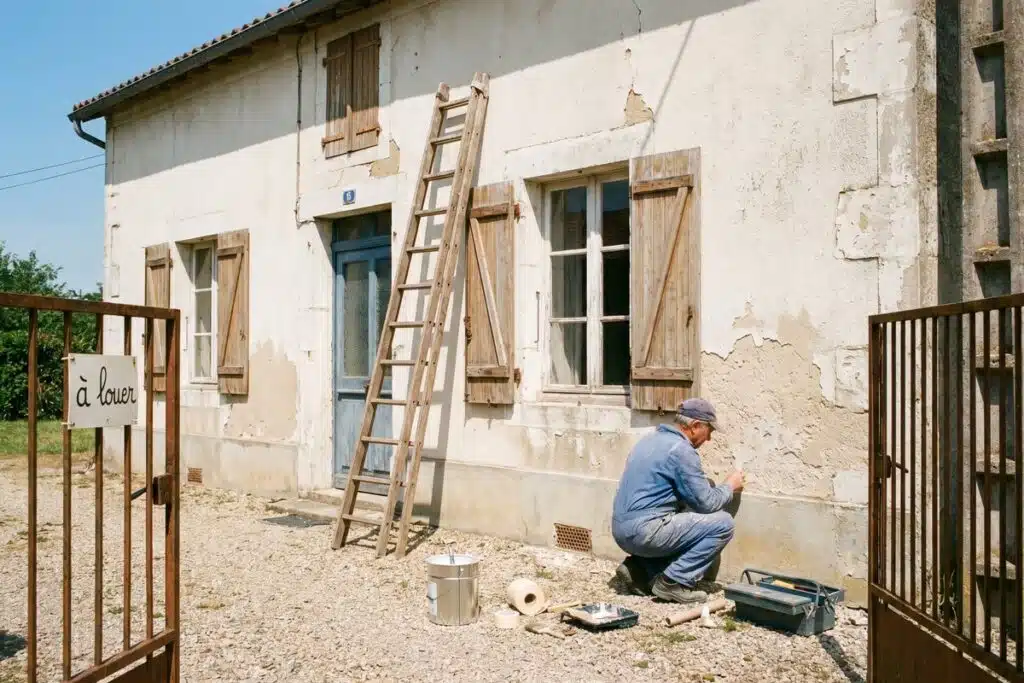 Maison ancienne en rénovation avec panneau à louer, passoire thermique