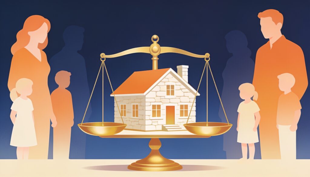 Maison familiale sur une balance de justice equilibree, symbole de la reserve hereditaire et du partage de l heritage entre enfants