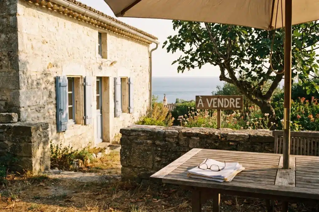 Résidence secondaire au bord de mer avec panneau à vendre