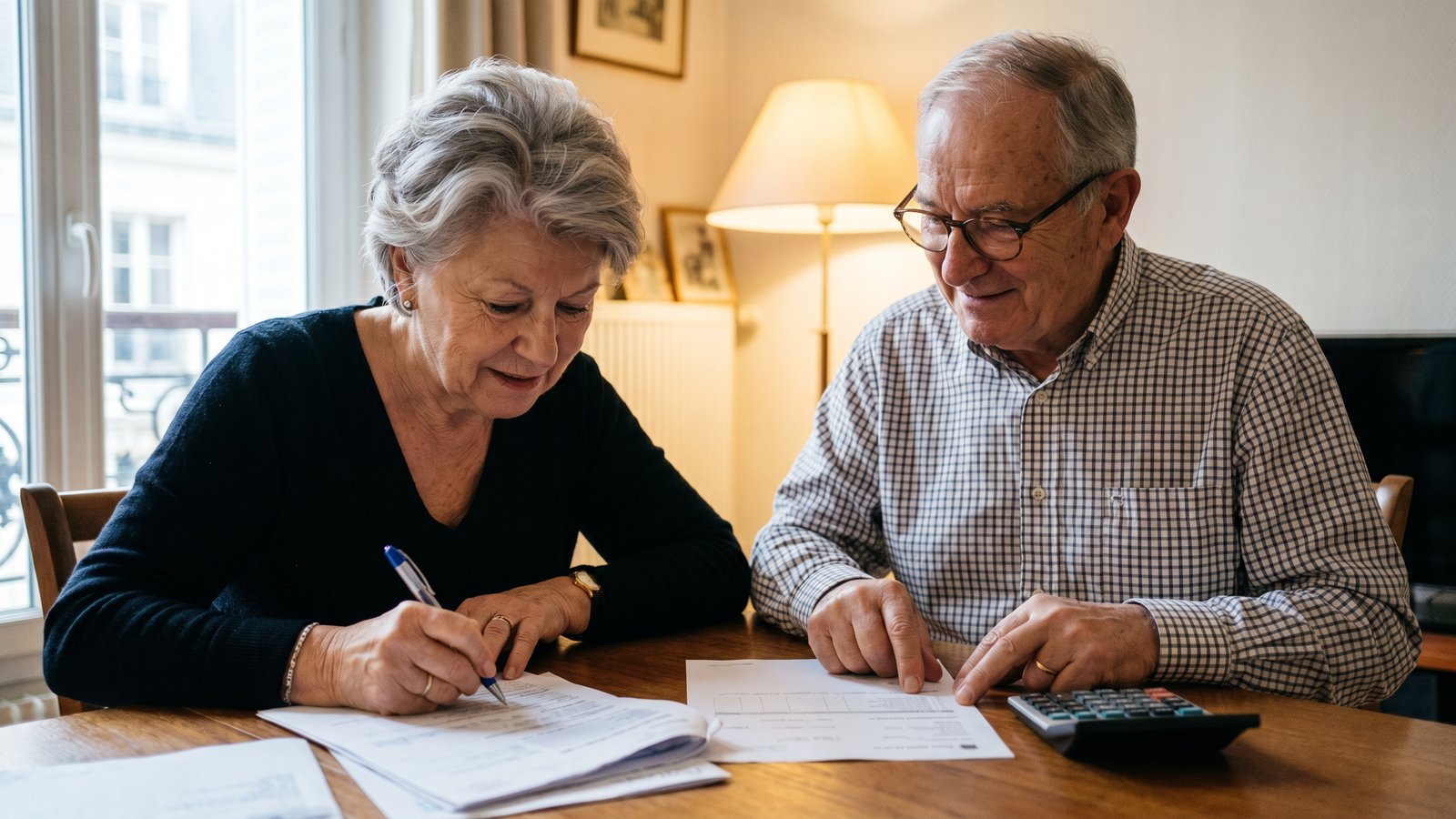 Couple de retraités vérifiant son éligibilité à l'exonération de taxe foncière