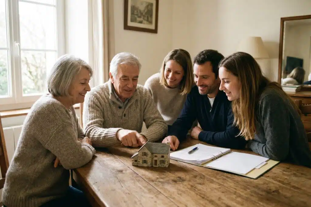 Famille réunie autour d'une maquette de maison pour la transmission