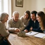 Famille réunie autour d'une maquette de maison pour la transmission