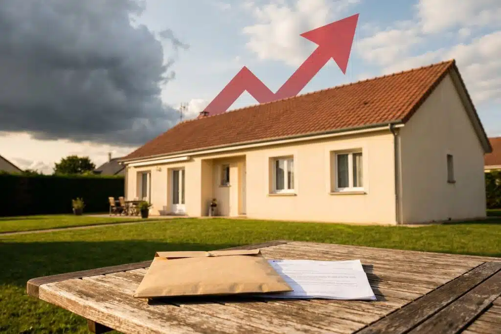 Maison individuelle et avis de taxe foncière 2026 avec une flèche de hausse