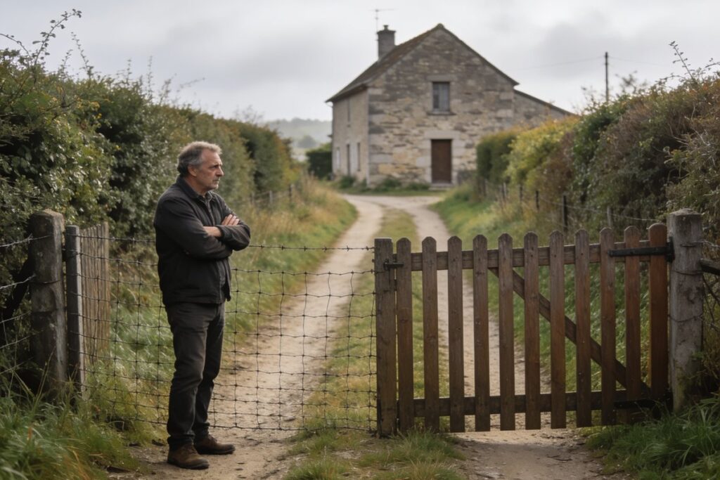 Chemin menant a une maison isolee bloque par un portail ferme, proprietaire contrarie