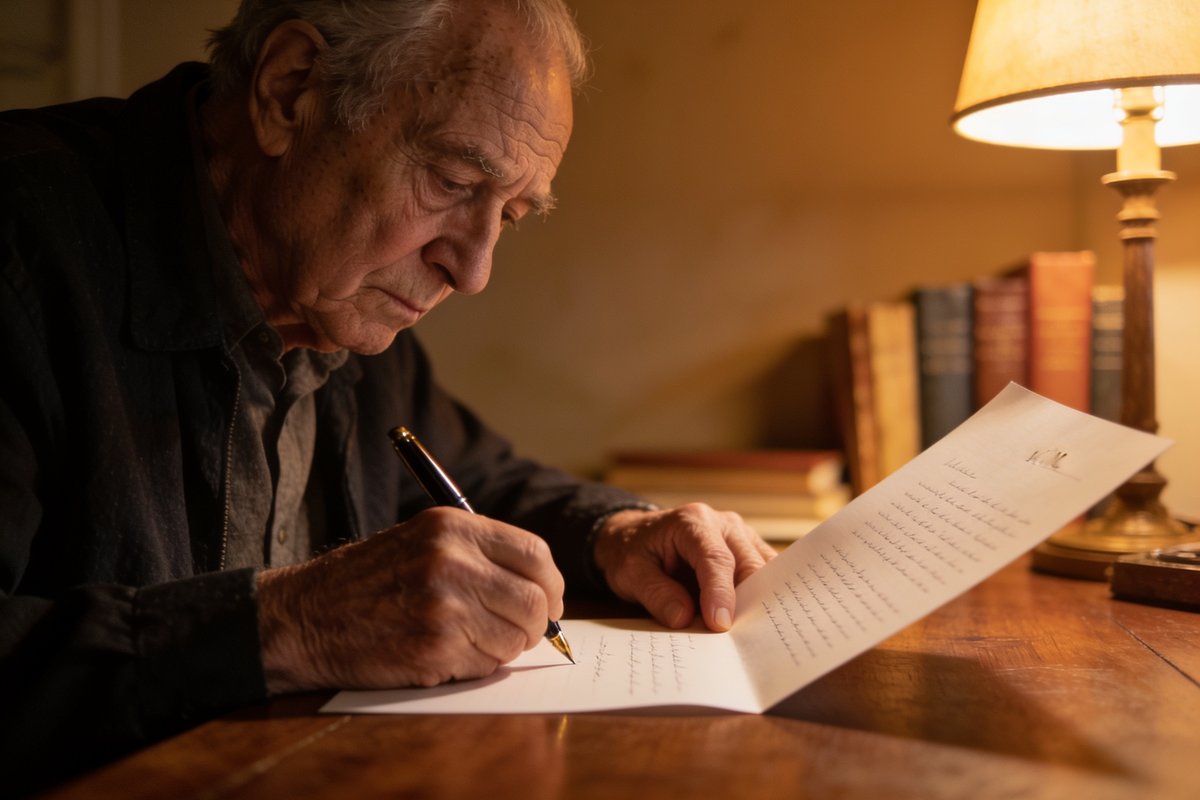 Homme age redigeant son testament a la plume sous une lampe