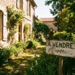 Panneau à vendre devant une maison au jardin ensoleillé en été