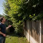 Voisin mécontent observant une haie trop haute en limite de propriété