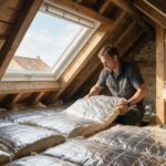 Artisan RGE posant une isolation de combles dans une maison ancienne du Calvados