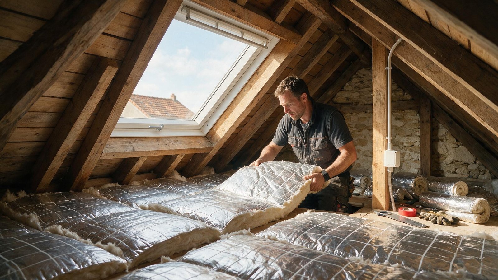 Artisan RGE posant une isolation de combles dans une maison ancienne du Calvados